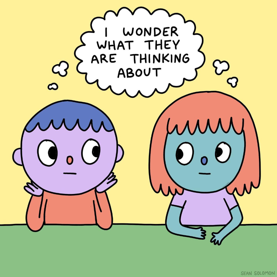 An illustration by Sean Solomon containing a male and female character sharing the same thought bubble that says I wonder what they are thinking about